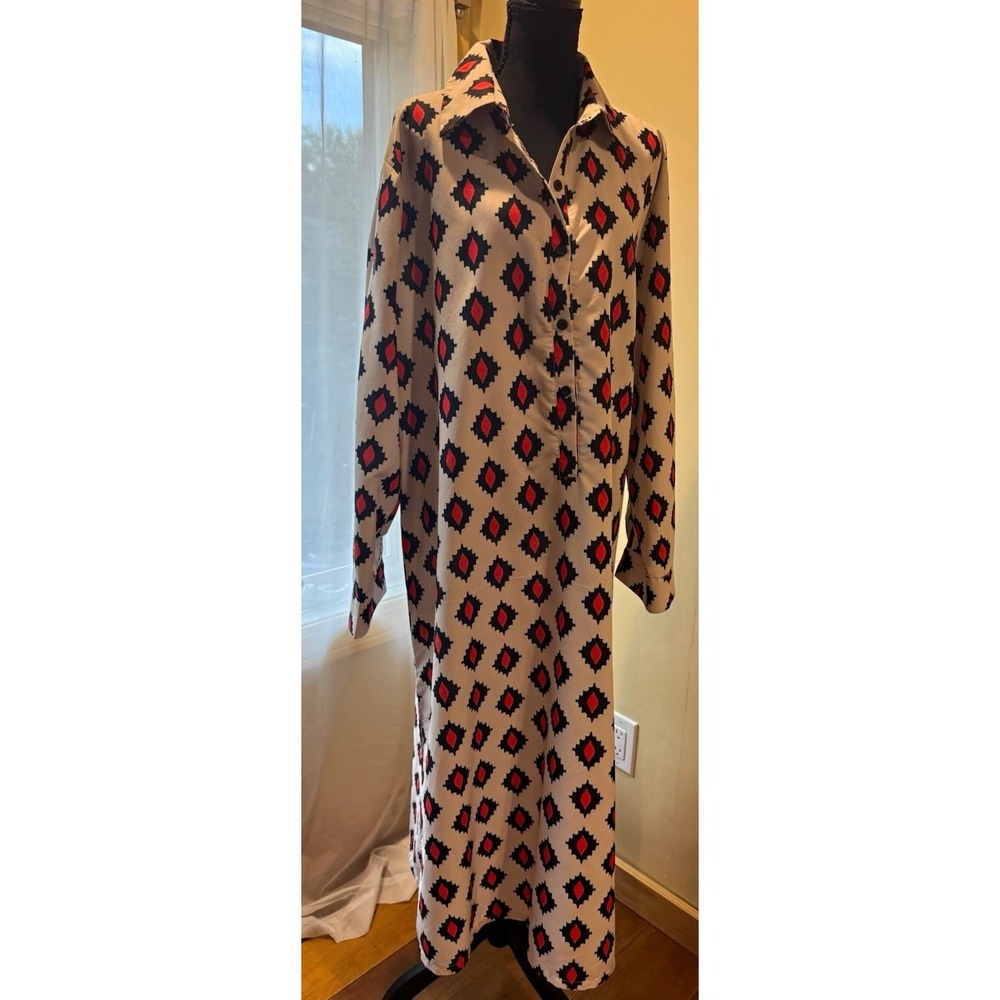 Women's White Black Orange Geometric Shirt Dress Collared Button Long Maxi OS